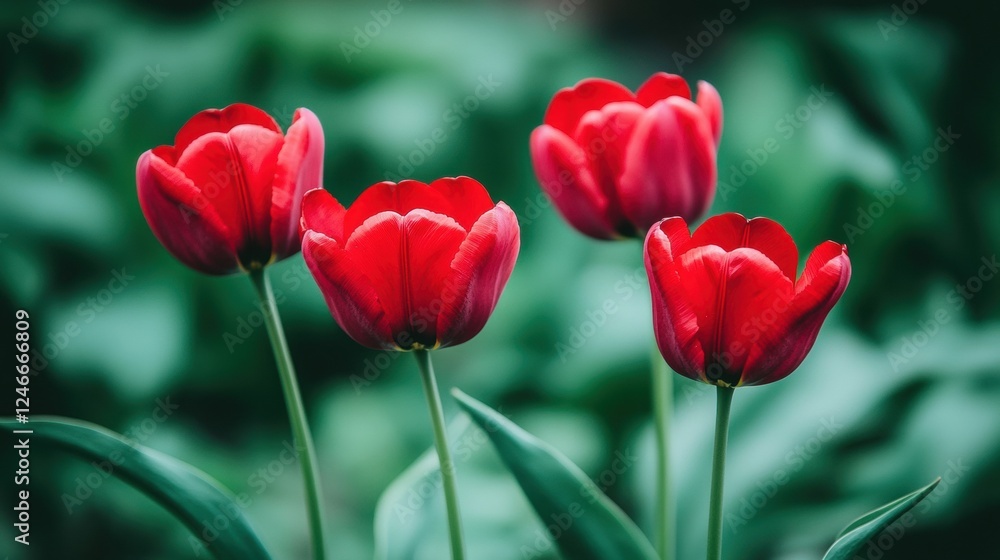 Obraz premium Vibrant Red Tulips Blooming Among Lush Green Foliage
