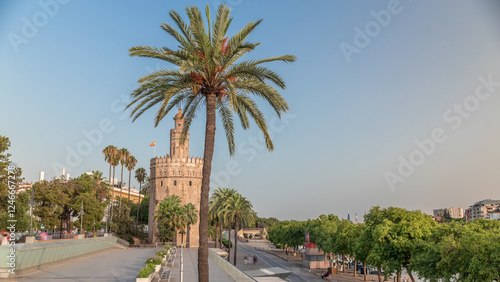 Torre del Oro Watchtower and Waterfront Timelapse hyperlapse, Seville, Spain photo