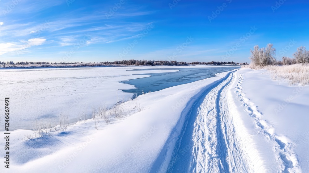 Snowy landscape with tracks leading to frozen lake under clear blue sky Snowy landscape with tracks leading to frozen lake under clear blue sky