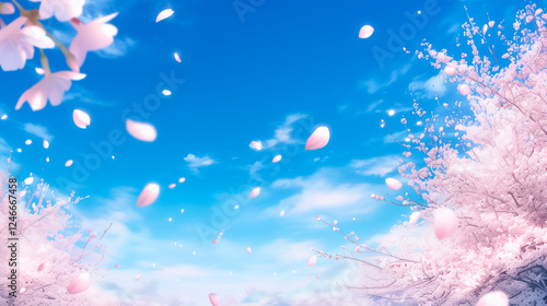 青空を背景に満開のさくらと桜吹雪。日本の春の明るい水彩画。