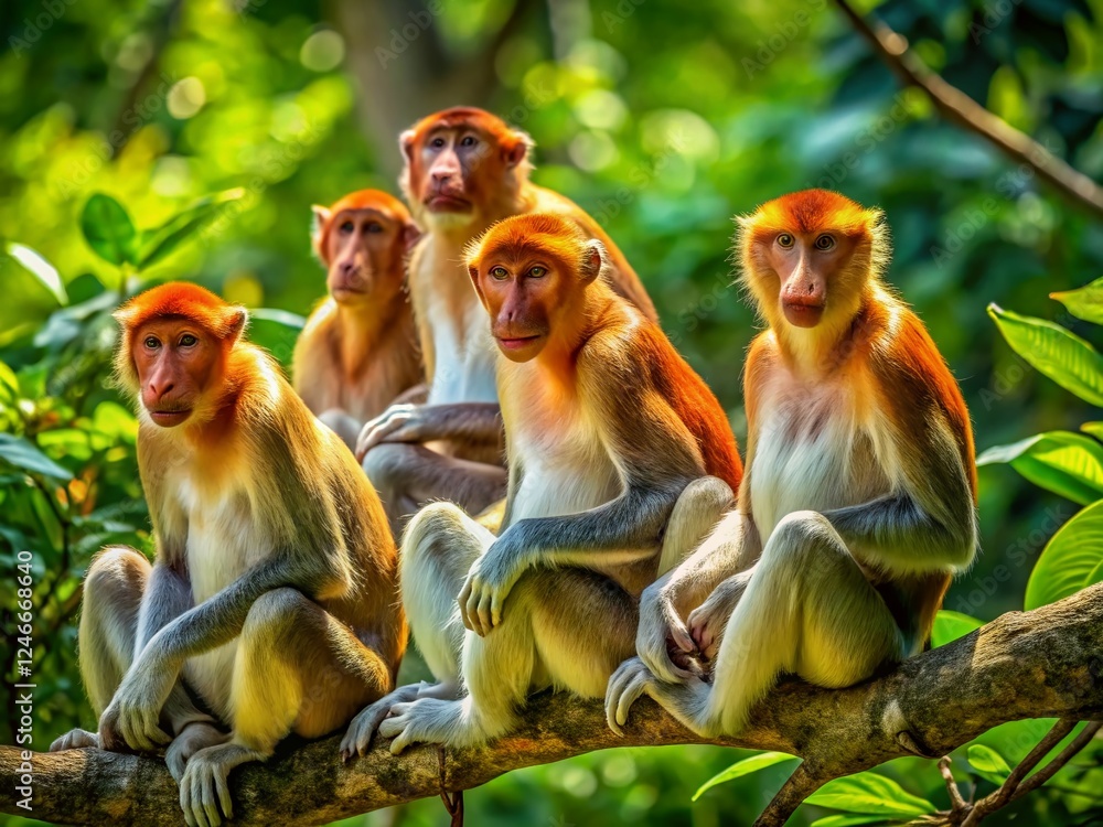 Naklejka premium Borneo Rainforest: Proboscis Monkeys in Sandakan, Malaysia - Wildlife Photography