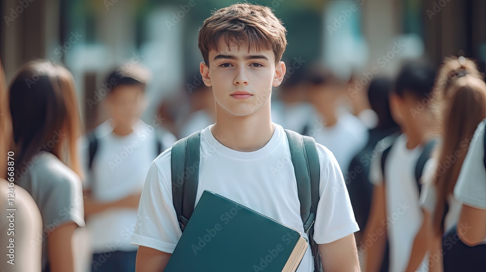 Fototapeta premium Young male student confidently posing with books in hand, surrounded by classmates, symbolizing teamwork and education