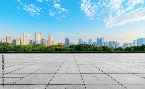 Fototapeta Naklejka Na Ścianę i Meble -  Empty marble floor with city skyline and blue sky background