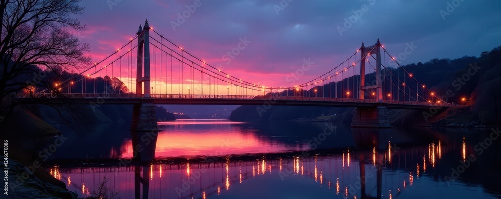 Obraz premium Swinging bridge at dusk, Tyne's reflective waters, modern, night, architecture