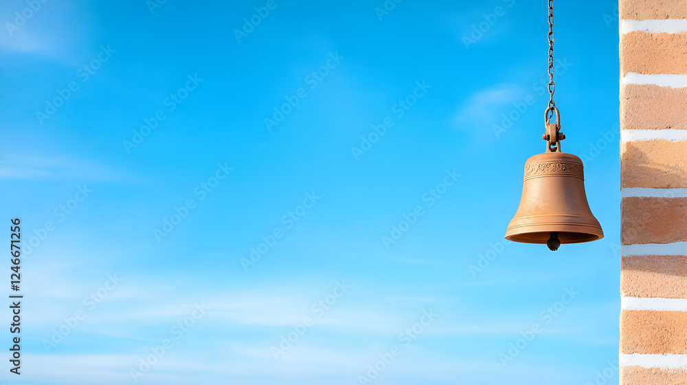 Obraz premium Rustic bronze bell hanging from a chain against a clear blue sky. Perfect for historical, architectural, and decorative design projects, evoking nostalgia and tradition. Selective focus