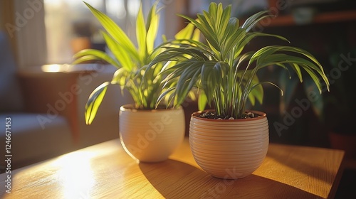 Wallpaper Mural Sunlit Houseplants in Ceramic Pots on Wooden Table in Modern Living Room Torontodigital.ca