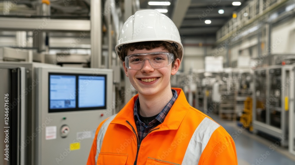 Young Worker in Safety Gear Smiling at Modern Industrial Facility Young Worker in Safety Gear Smiling at Modern Industrial Facility
