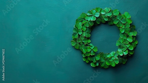 Artistic acrylic painting of a Celticinspired shamrock wreath, glowing green and gold tones photo