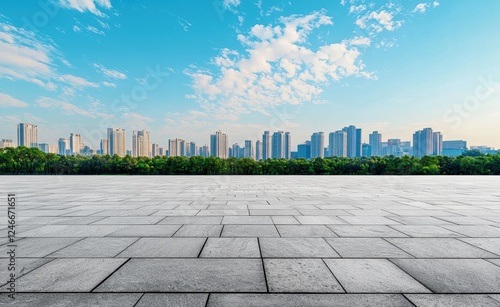 Fototapeta Naklejka Na Ścianę i Meble -  Empty marble floor with city skyline and green trees