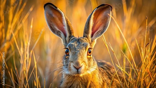 Cape Hare Hiding in Grass, Wildlife Photography, African Animal Camouflage photo