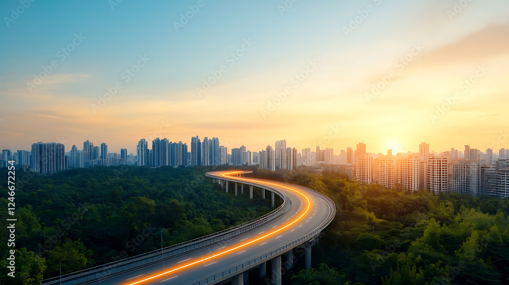 Fototapeta premium Sunset journey on winding road through urban landscape city skyline scenic photography evening atmosphere aerial view nature and architecture blend