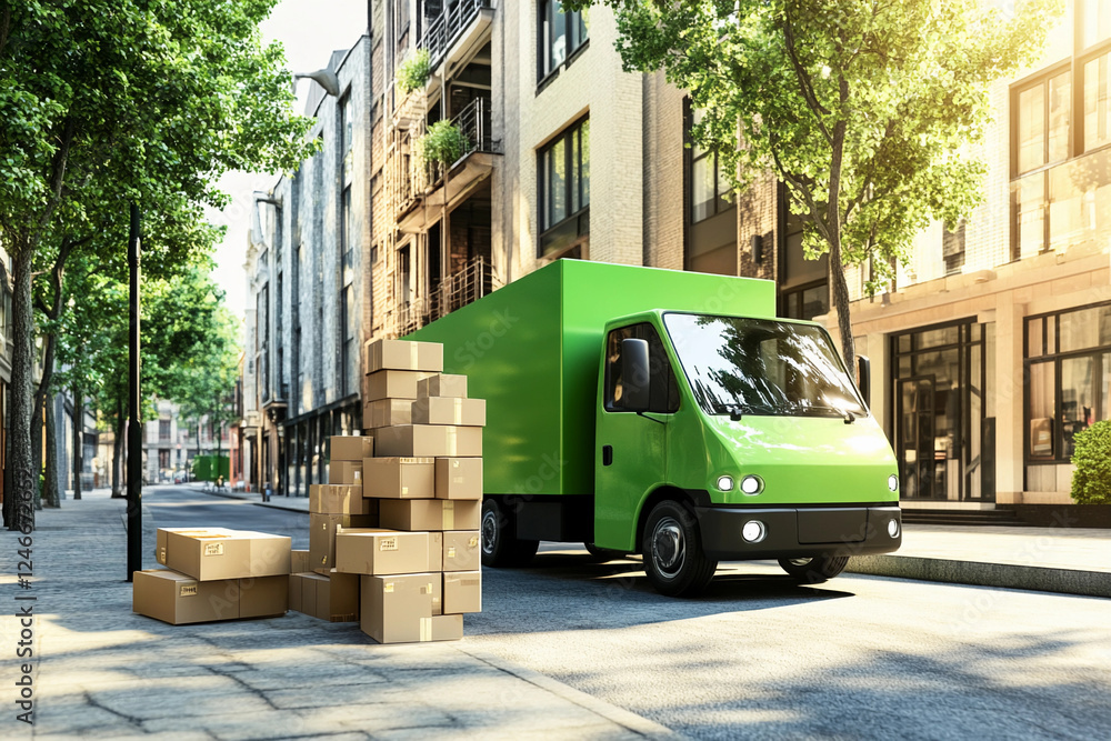 Green delivery truck unloading packages on city street Green delivery truck unloading packages on city street