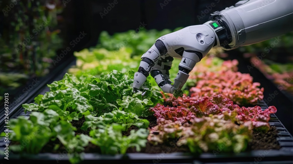 Robotic Hand Tending to Lush Green and Red Lettuce in Indoor Hydroponic Farm Robotic Hand Tending to Lush Green and Red Lettuce in Indoor Hydroponic Farm