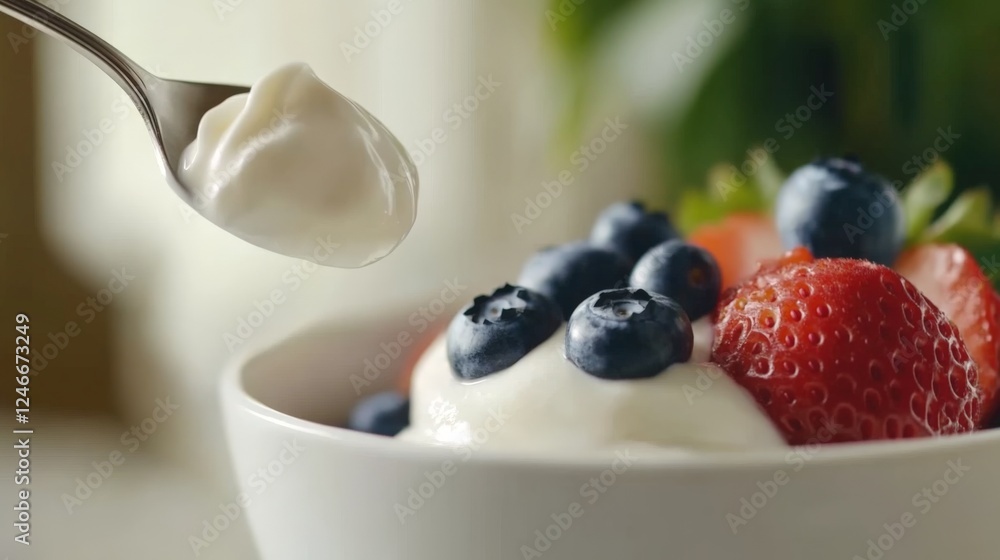 Spoonful of creamy yogurt with fresh blueberries and strawberries Spoonful of creamy yogurt with fresh blueberries and strawberries