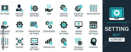 Setting best solid icon set collection. Modified settings, bias, gear, adjust, equalization, customer, option, system, user, thinking and icons set.