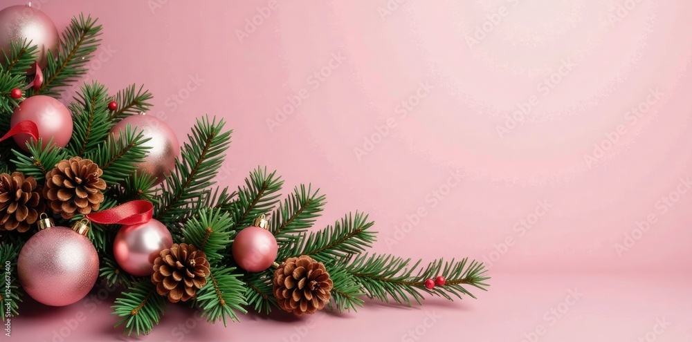 Gold and pink festive Christmas garland with pinecones, ribbons, and ornaments, evergreen, holiday, pink