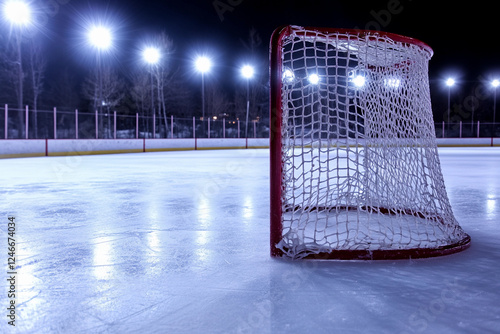 Hockey rink at night with illuminated goal and ice photo