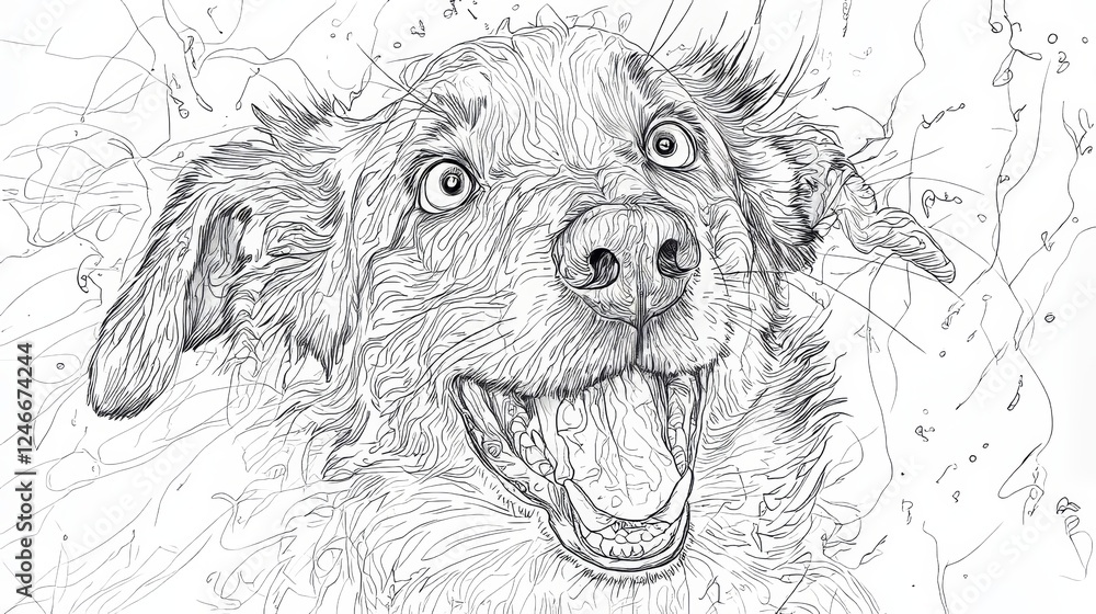 Obraz premium Joyful Dog Line Art Illustration Home Digital Art Minimalist Style Close-Up Happiness Concept