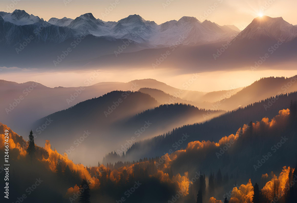Obraz premium dramatic mountain landscape at sunrise, 4k wallpaper 
