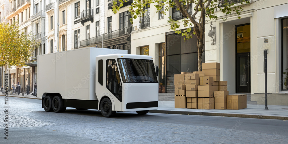 Delivery truck parked on a city street with cardboard boxes Delivery truck parked on a city street with cardboard boxes