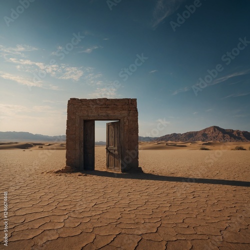 A doorway standing alone in the middle of a vast desert, leading to another world.