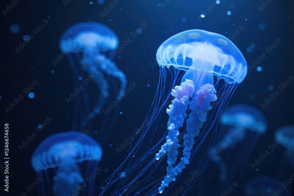 Blue jellyfish suspended in a cloud of glowing particles, aquatic, water, bioluminescence Blue jellyfish suspended in a cloud of glowing particles, aquatic, water, bioluminescence
