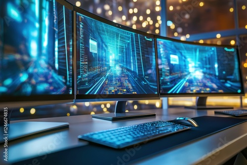 Wallpaper Mural High-tech workspace with multiple curved monitors displaying digital graphics at night Torontodigital.ca