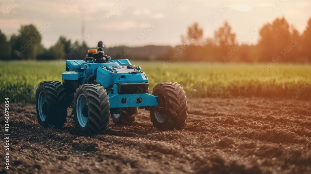 Blue Agricultural Vehicle in Field at Sunset with Green Landscape Blue Agricultural Vehicle in Field at Sunset with Green Landscape