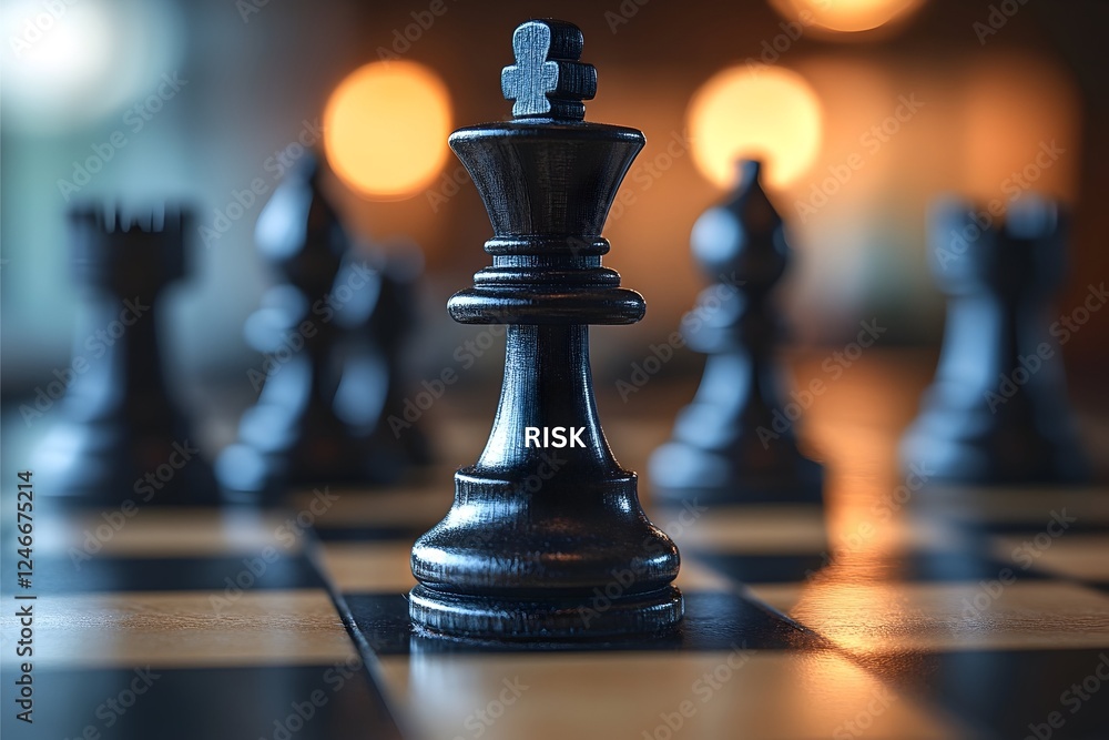 Close-Up of Chessboard with a Piece Labeled ‘Risk’ Representing Business Strategy and Risk Management Close-Up of Chessboard with a Piece Labeled ‘Risk’ Representing Business Strategy and Risk Management