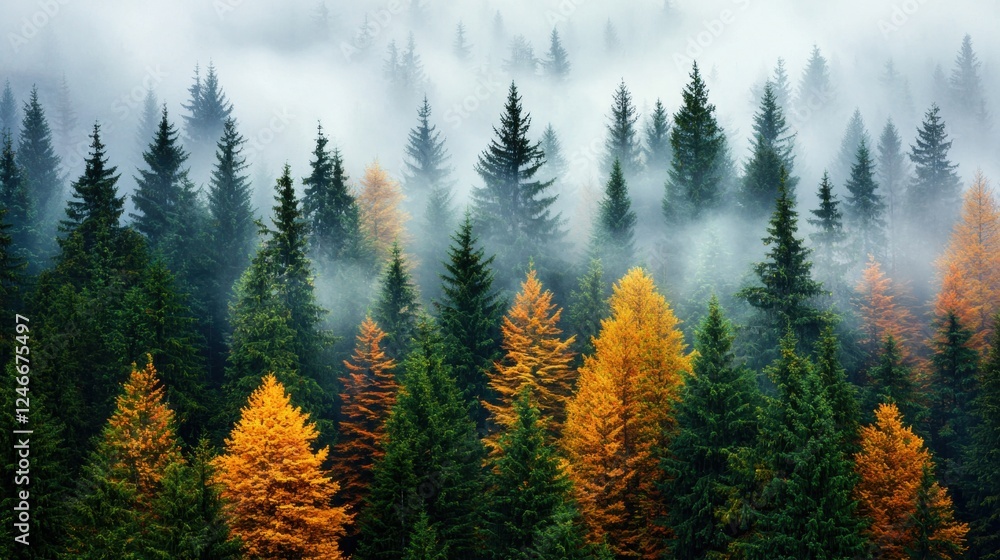 Fototapeta premium Misty forest with vibrant autumn foliage