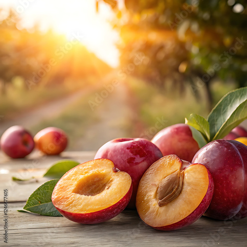 Vibrant pluot fruit in sunlit orchard setting for culinary inspiration. photo