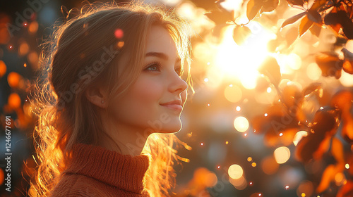 Young woman enjoying a sunny autumn evening with beautiful golden leaves around her