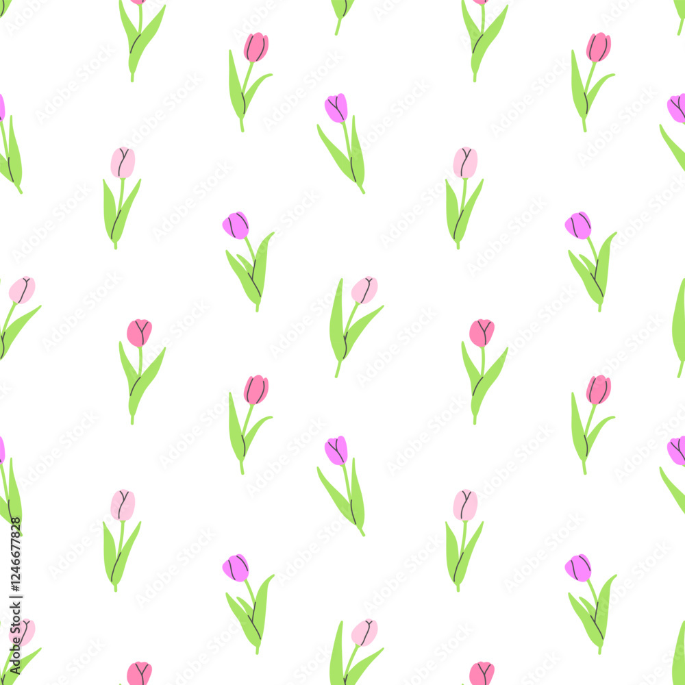 Obraz premium Seamless pattern with pink tulips on a white background. Vector illustration background. Flat illustration.