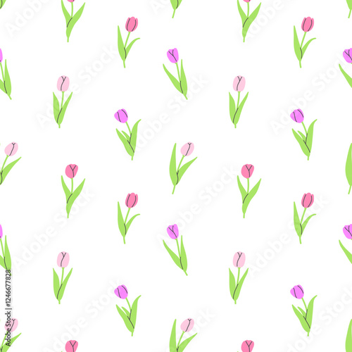 Wallpaper Mural Seamless pattern with pink tulips on a white background. Vector illustration background. Flat illustration. Torontodigital.ca