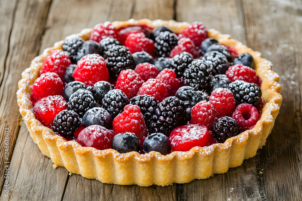 Fresh Homemade Fruit Tart with Berries on Rustic Table Fresh Homemade Fruit Tart with Berries on Rustic Table