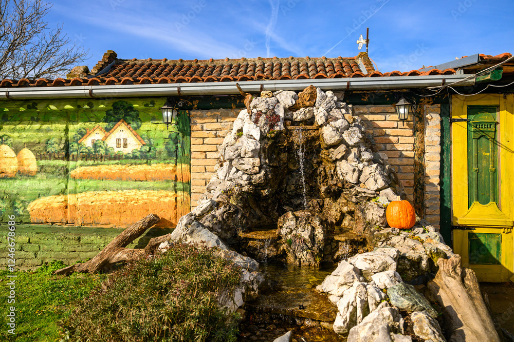 Novi Sad, Serbia- January 26, 2025: Vojvodina farm (Serbian; Vojvodjanski Salaš) a beautiful restaurant near Novi Sad. Decorated small waterfall