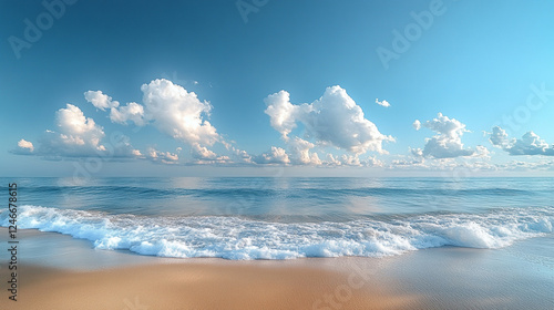 Beautiful ocean view with soft waves and fluffy clouds in the bright sky photo