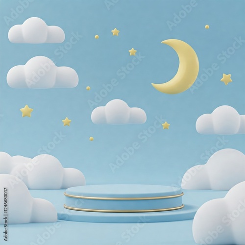 3D kid podium stage with moon and white clouds in sky for baby children, vector product display. Kids podium stand background with platform cylinder and dream blue clouds, crescent moon and stars