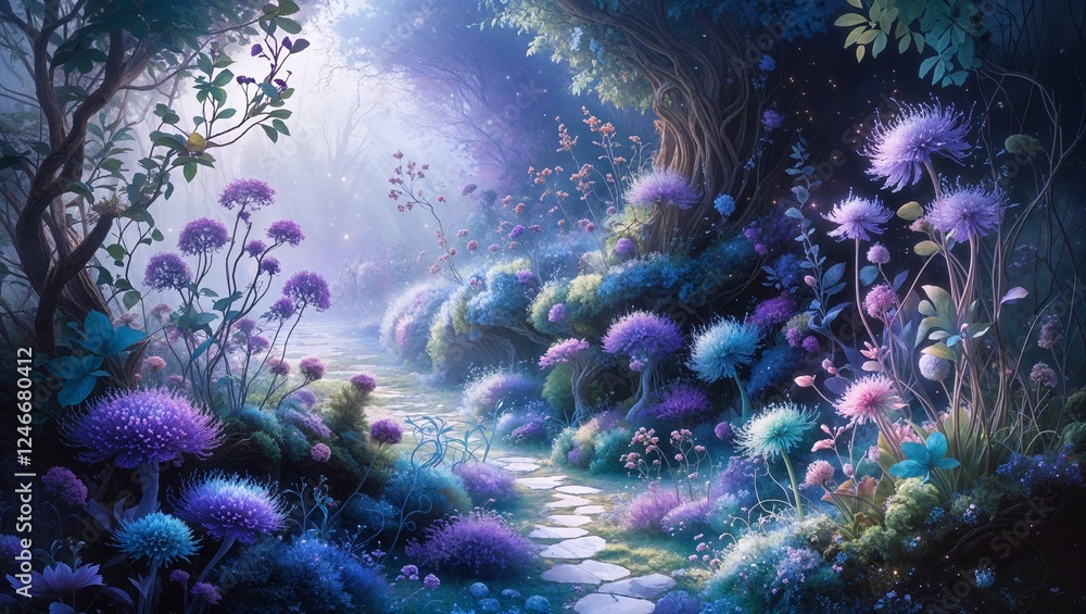 Fototapeta premium Magical Forest Scene with Stone Path and Blue Purple Flowers Whimsical Fantasy Art