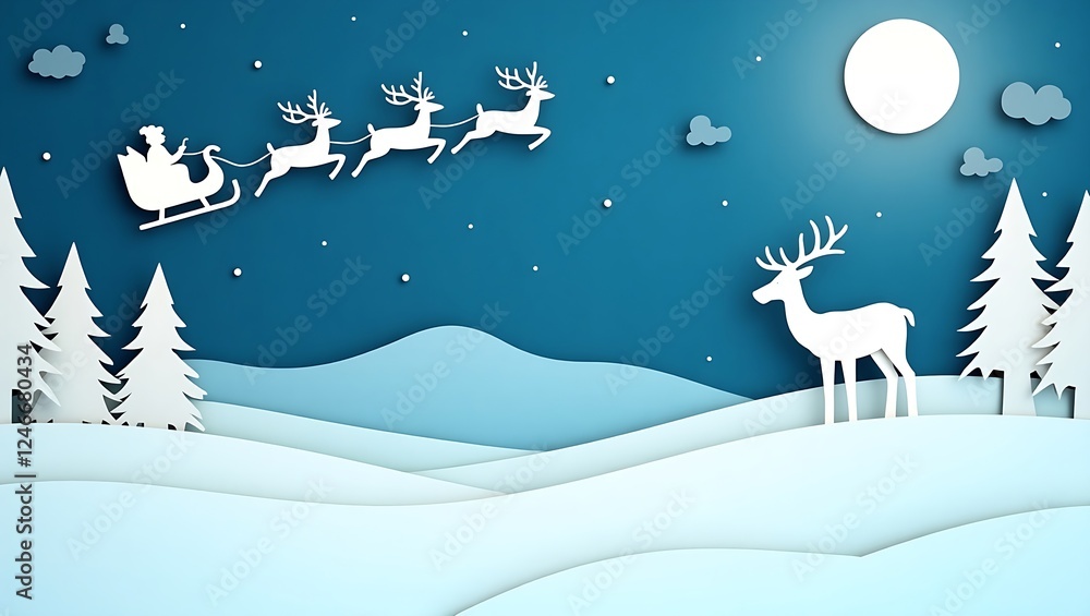 Paper-cut winter scene with snowy hills, pine trees, and a white reindeer under a gradient night sky. Santa’s sleigh flies across the moonlit backdrop, blending serene blues and whites. Paper-cut winter scene with snowy hills, pine trees, and a white reindeer under a gradient night sky. Santa’s sleigh flies across the moonlit backdrop, blending serene blues and whites.