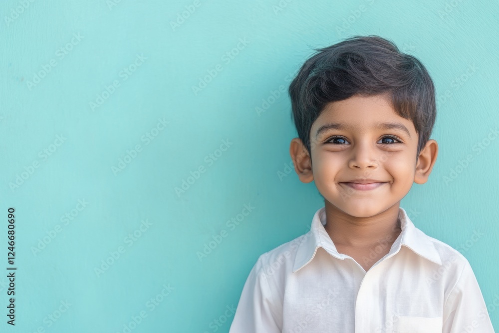 A smiling boy in a white shirt stands against a bright turquoise background, radiating joy and innocence. A smiling boy in a white shirt stands against a bright turquoise background, radiating joy and innocence.