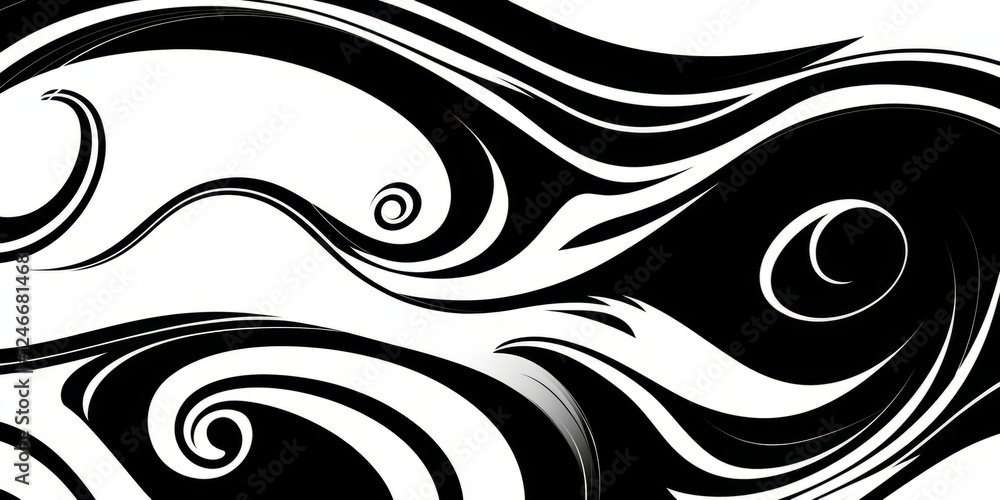 Fototapeta premium A dynamic black and white background with flowing, swirling shapes that create a sense of movement and fluidity. Ideal for creative branding, modern art projects, or minimalistic web designs.