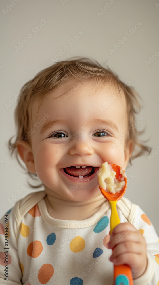 Delightful baby smiling with spoon in hand - joyful childhood moment