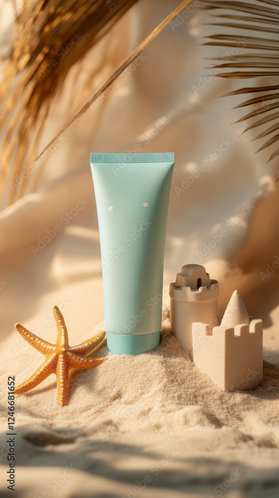 Sun protection concept with unbranded children's sunscreen in beach setting for summer design Sun protection concept with unbranded children's sunscreen in beach setting for summer design