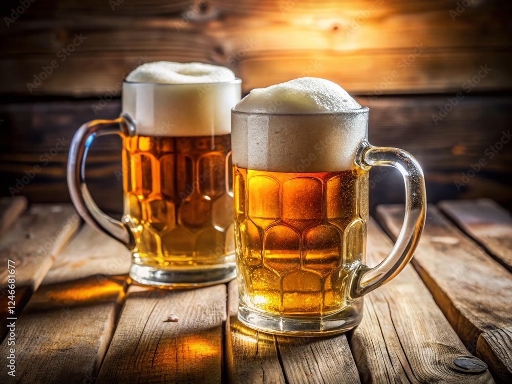 Cold Frothy Beer Mugs on Rustic Wooden Table - Refreshing Summer Drink Photography Cold Frothy Beer Mugs on Rustic Wooden Table - Refreshing Summer Drink Photography