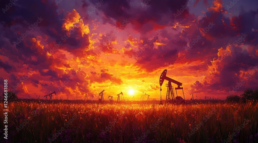 Fototapeta premium Vibrant Sunset Over Oil Field Pump Jacks Silhouetted Against Colorful Sky