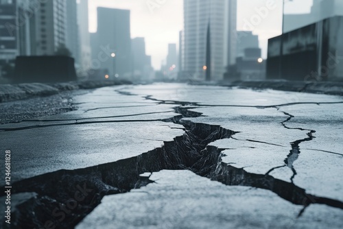 Urban landscape showing cracks in pavement after seismic activity in a modern city photo