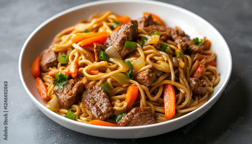 Soba noodles with beef, carrots, onions and sweet peppers. Top view Soba noodles with beef, carrots, onions and sweet peppers. Top view