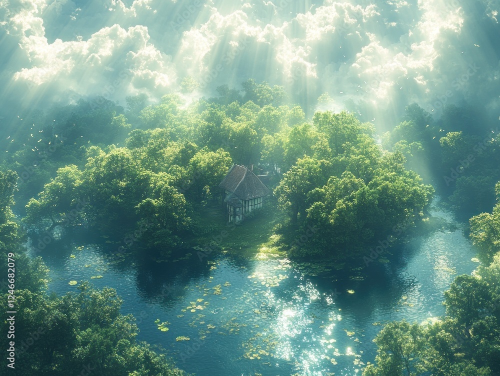 Fototapeta premium Sustainable Construction in a Lush Forest with a House-shaped Pond for Green Living and Eco-friendly Architecture