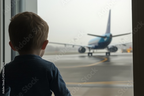 A child peers through a slightly fogged window as an airplane fades into the distance, expressing a sense of longing and anticipation amidst the airport bustle photo